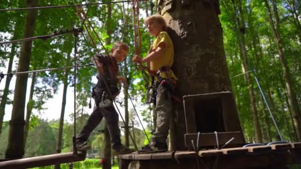 Superslowmotion shot of two little boys in a safety harness climb on a route in treetops in a forest adventure park. They climb on high rope trail. Outdoor amusement center with climbing activities — Stock Video