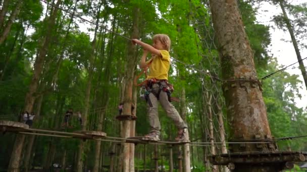 Slowmotion skott av en liten pojke i en säkerhetssele klättrar på en rutt i trädtopparna i en skog äventyrspark. Han klättrar på hög repspår. Nöjescentrum utomhus med klättrings aktiviteter bestående — Stockvideo