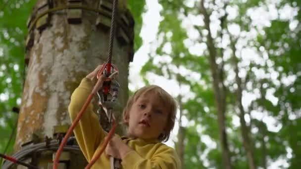 Liten pojke i en säkerhetssele rider en zipline i trädtopparna i en skog äventyrspark. Han klättrar på hög repspår. Utomhus nöjescentrum med klättrings aktiviteter som består av zip linjer och alla — Stockvideo