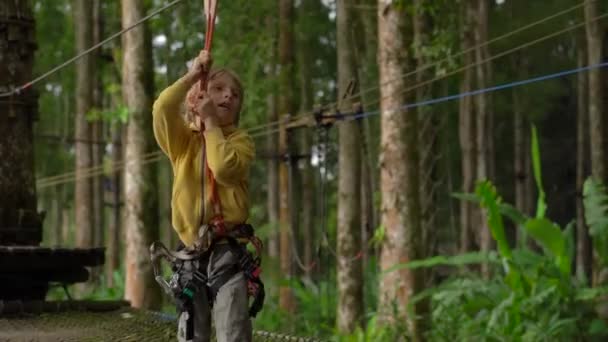 Ein kleiner Junge im Sicherheitsgurt klettert auf einer Route in Baumwipfeln in einem Wald-Erlebnispark. Er klettert auf einem Hochseilgarten. Outdoor-Vergnügungszentrum mit Kletteraktivitäten bestehend aus Seilrutschen und allen — Stockvideo