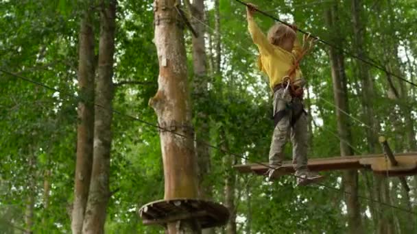 Ein kleiner Junge im Sicherheitsgurt klettert auf einer Route in Baumwipfeln in einem Wald-Erlebnispark. Er klettert auf einem Hochseilgarten. Outdoor-Vergnügungszentrum mit Kletteraktivitäten bestehend aus Seilrutschen und allen — Stockvideo