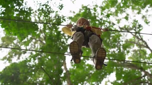 Un niño pequeño con un arnés de seguridad sube a una ruta en un parque de aventura forestal. Se sube a un sendero de cuerda alta. Centro de diversiones al aire libre con actividades de escalada que consta de tirolesas y todo tipo de — Vídeo de stock