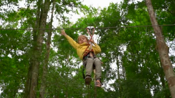 Slowmotion shot of a little boy in a safety harness on a zipline in treetops in a forest adventure park.Outdoor amusement center with climbing activities consisting of zip lines and all sorts of — Stock Video