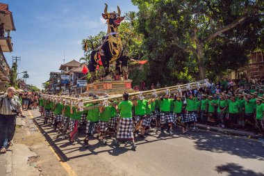 Ubud, Bali, Endonezya - 22 Nisan 2019 : Kraliyet yakma töreni hazırlığı. Bali Hindular din alayı. Bade ve Lembu Black Bull cennete ruh için ulaşım sembolü