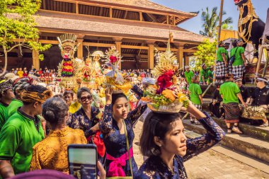 Ubud, Bali, Endonezya - 22 Nisan 2019 : Kraliyet yakma töreni hazırlığı. Bali Hindular din alayı. Bade ve Lembu Black Bull cennete ruh için ulaşım sembolü