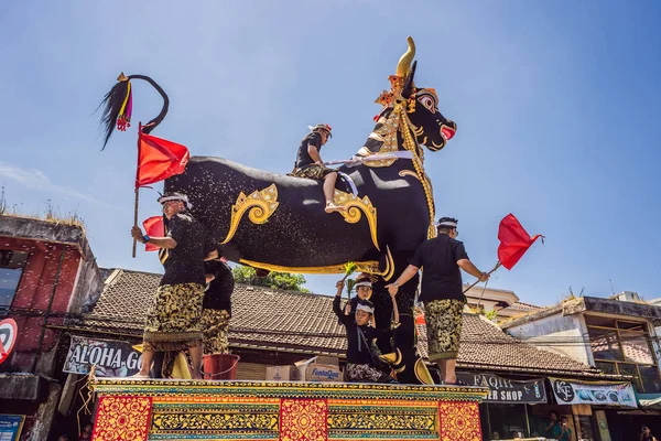 Ubud, Bali, Indonesië-22 april 2019: Koninklijke crematie ceremonie prepatie. Balinese hindoes religie processie. Bade en lembu zwarte stier symbool van vervoer voor de geest naar de hemel — Stockfoto