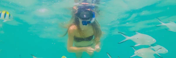 BANNER, LONG FORMAT Happy woman in snorkeling mask dive underwater with tropical fishes in coral reef sea pool. Style de vie de voyage, sports nautiques aventure en plein air, cours de natation sur la plage d'été — Photo