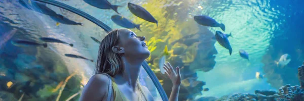 Genç kadın bir oceanarium tünel Banner, Uzun Format bir vatoz balık dokunur — Stok fotoğraf