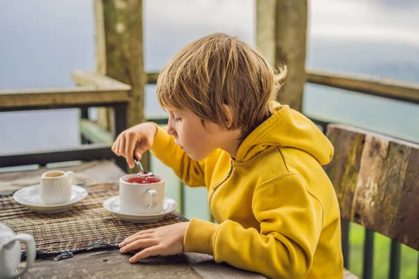 Pojke dricka te i ett kafé i bergen — Stockfoto