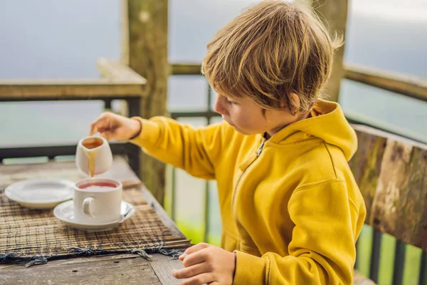 Pojke dricka te i ett kafé i bergen — Stockfoto