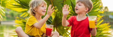 Banner, Uzun Format İki erkek palmiye ağaçlarının fon karşı sağlıklı smoothies içmek. Mango ve karpuz smoothies. Çocuklar için sağlıklı beslenme ve vitaminler