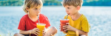 Banner, Uzun Format İki erkek palmiye ağaçlarının fon karşı sağlıklı smoothies içmek. Mango ve karpuz smoothies. Çocuklar için sağlıklı beslenme ve vitaminler