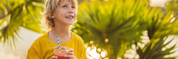 Мальчик пьет здоровые коктейли на фоне пальм. Арбузные коктейли. Здоровое питание и витамины для детей БАННЕР, ДЛЯ ФОРМЫ — стоковое фото