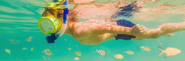 Studium pod vodou, chlapec se šnorchlováním v průzračné modré mořské podobě nápis, dlouhý formát — Stock fotografie