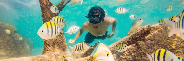 Mladí muži se šnorchlováním prozkoumají pod vodou korálový útes v hlubokém modrém oceánu s pestrými rybami a mořským životem nápis, dlouhý formát — Stock fotografie