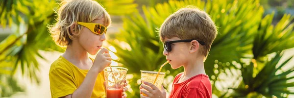 BANNER, FORMATO LARGO Dos niños beben batidos saludables contra el telón de fondo de las palmeras. Batidos de mango y sandía. Nutrición saludable y vitaminas para niños —  Fotos de Stock