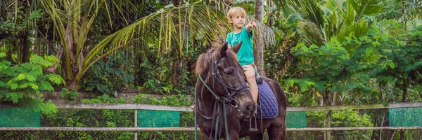 Boy horseback riding, performing exercises on horseback BANNER, LONG FORMAT — Stock Photo, Image