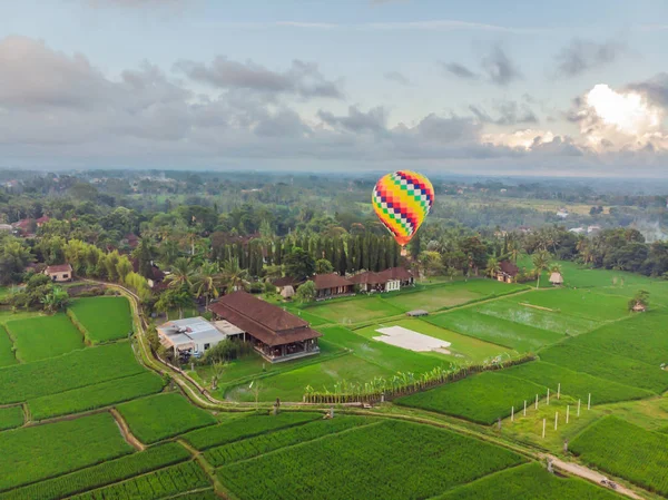 Horkovzdušných balónem nad zeleným rýžovišti. Složení přírody a modré nebe pozadí. Koncepce cestování — Stock fotografie