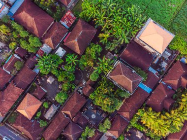Bali 'de Ubud' da gökyüzünde tropik ağaçlar arasında kahverengi-turuncu kiremitli çatıları olan birçok villa var. Güneş üstlerinde parlıyor. Gökyüzü yatay fotoğrafı
