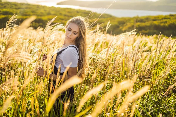 Młoda piękna kobieta w jesień krajobraz z suchych kwiatów, pszenicy kolce. Moda Jesień, zima. Słoneczny, Fotografia mody — Zdjęcie stockowe