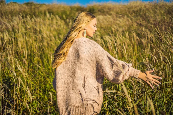 Młoda piękna kobieta w jesień krajobraz z suchych kwiatów, pszenicy kolce. Moda Jesień, zima. Słoneczny, przytulne swetry jesień. Fotografia mody — Zdjęcie stockowe