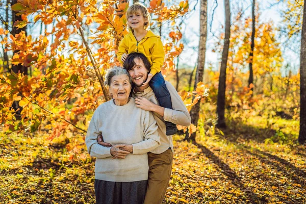 Babička s dospělým vnukem v podzimním parku — Stock fotografie