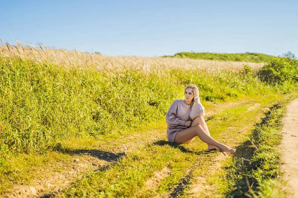 Jeune belle femme dans le paysage d'automne avec des fleurs sèches, des pointes de blé. Mode automne, hiver. Automne ensoleillé, pull d'automne confortable. photo de mode — Photo