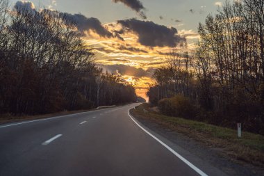 Asfalt dağ yolu ile renkli sonbahar ormanı ile muhteşem bir manzara. Sonbaharda boş yol, ağaçlar ve güneş ışığı ile güzel manzara. Seyahat geçmişi. Doğa