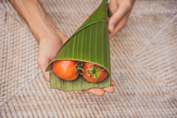 Eco-friendly product packaging concept. Tomatoes wrapped in a banana leaf, as an alternative to a plastic bag. Zero waste concept. Alternative packaging