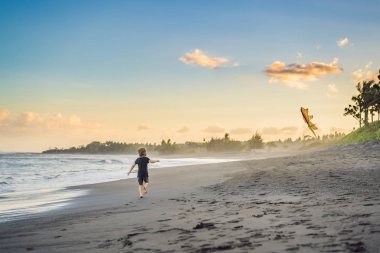 gün batımında sahilde uçurtma uçan mutlu çocuk