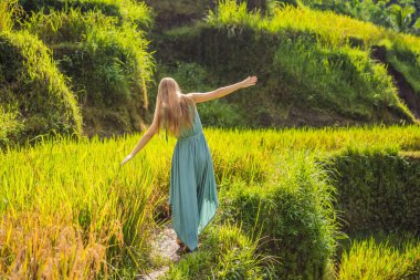 Güzel genç kadın pirinç tarım, dağ şekli yeşil Cascade pirinç alan teraslar paddies ile tipik Asya yamaçta yürümek. Ubud, Bali, Endonezya. Bali seyahat konsepti