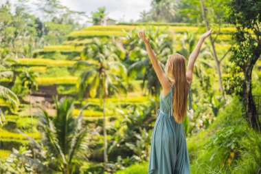 Güzel genç kadın pirinç tarım, dağ şekli yeşil Cascade pirinç alan teraslar paddies ile tipik Asya yamaçta yürümek. Ubud, Bali, Endonezya. Bali seyahat konsepti