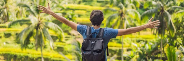 Férfi turista egy hátizsákkal megy a rizs mező banner, hosszú formátum — Stock Fotó