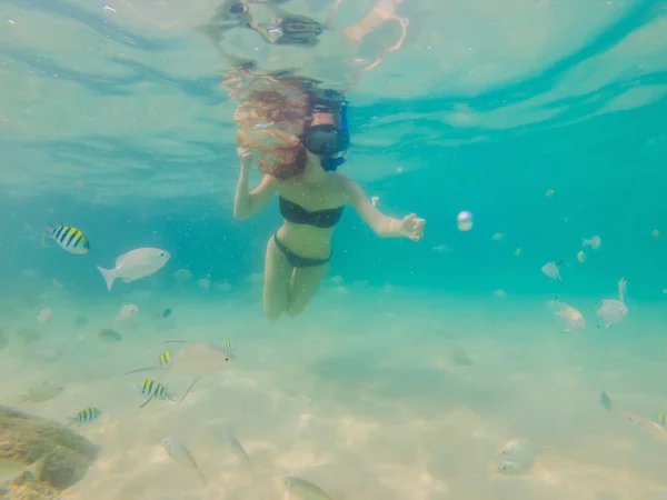 Femme heureuse en masque de plongée avec tuba plongée sous-marine avec des poissons tropicaux dans la piscine de récif corallien. Style de vie de voyage, sports nautiques aventure en plein air, cours de natation pendant les vacances à la plage — Photo