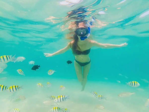 Femme heureuse en masque de plongée avec tuba plongée sous-marine avec des poissons tropicaux dans la piscine de récif corallien. Style de vie de voyage, sports nautiques aventure en plein air, cours de natation pendant les vacances à la plage — Photo