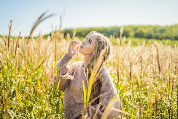 Mujer hermosa joven en el paisaje de otoño con flores secas, espigas de trigo. Moda otoño, invierno. Soleado otoño, acogedor suéter de otoño. foto de moda — Foto de Stock