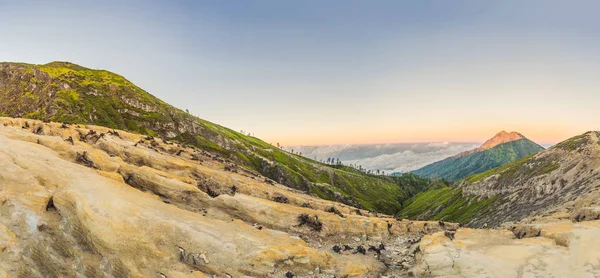 Panoramic shot of the Ijen volcano or Kawah Ijen on the Indonesian language. Famous volcano containing the biggest in the world acid lake and sulfur mining spot at the place where volcanic gasses come