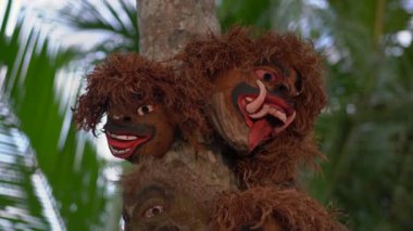 Palmiye ağacında asılı eski hindistan cevizlerinden yapılmış bali ahşap maskeleri. Bali kültür kavramı