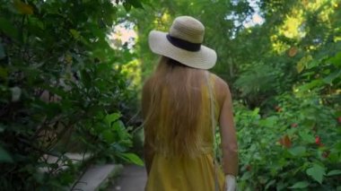 Campuhan sırt yürüyüş veya Ressamlar Ubud yürüyüş gün batımı sırasında yürüyen sarı elbiseli genç bir kadının Süper slowmotion çekim. Bali'deki seyahat noktaları. Travell bali kavramı.