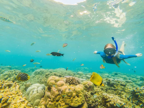 Happy woman in snorkeling mask dive underwater with tropical fishes in coral reef sea pool. Travel lifestyle, water sport outdoor adventure, swimming lessons on summer beach holiday — Stock Photo, Image