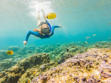 Şnorkel maskesi mutlu kadın mercan resifi deniz havuzunda tropikal balıklar ile sualtı dalış. Seyahat yaşam tarzı, su sporları açık macera, yaz plaj tatilinde yüzme dersleri