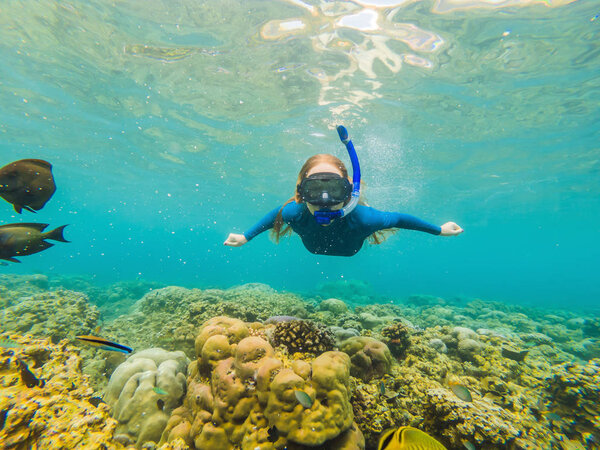 Happy woman in snorkeling mask dive underwater with tropical fishes in coral reef sea pool. Travel lifestyle, water sport outdoor adventure, swimming lessons on summer beach holiday