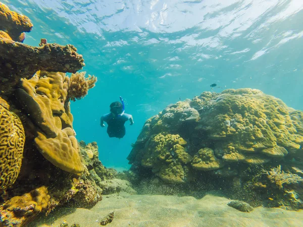 Šťastný muž se šnorchlováním masek pod vodou s tropickými rybami v mořském bazénu korálového útesu. Cestovní životní styl, vodní sport venkovní dobrodružství, lekce plavání na letních plážových prázdninách. Letecký pohled z — Stock fotografie