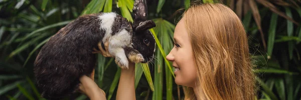 Elinde tavşan tutan bir kadın. Tavşan hayvanı üzerinde kozmetik testi. Zulüm ücretsiz ve hayvan istismarı kavramı Banner, Uzun Format durdurmak — Stok fotoğraf