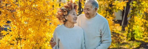 가 공원에서 재미 행복 오래 된 커플입니다. 가 화 환을 착용 하는 노인 노인 아내 배너, 긴 형식에 나뭇잎 — 스톡 사진