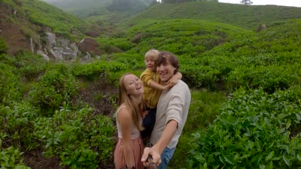 Disparo en cámara lenta. Pareja joven y su hijo hacen una selfie de pie en una gran plantación de té en las montañas — Vídeo de stock