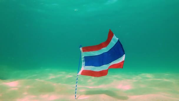 Colpo di rallentatore della bandiera della Thailandia sott'acqua in una limpida acqua blu. Bandiera circondata da pesci tropicali. Viaggio in Thailandia concetto. Immersioni e snorkeling in Thailandia concetto — Video Stock
