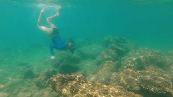 Scatto al rallentatore di una giovane donna che fa snorkeling e si tuffa in un bellissimo mare — Video Stock