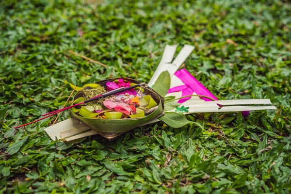 Ofrendas tradicionales balinesas a los dioses en Bali con flores y palos aromáticos —  Fotos de Stock