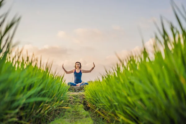 Mladá žena cvičím jógu venkovní v rýžových polích ráno během wellness retreat Bali — Stock fotografie